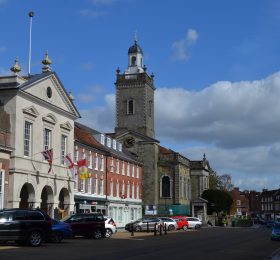 The Market Place from West Street showing the Corn Exchange and St Peter and St Paul Church