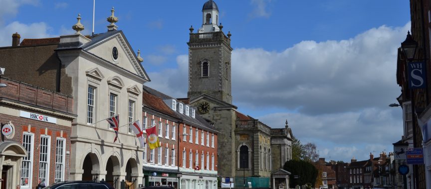 The Market Place from West Street showing the Corn Exchange and St Peter and St Paul Church